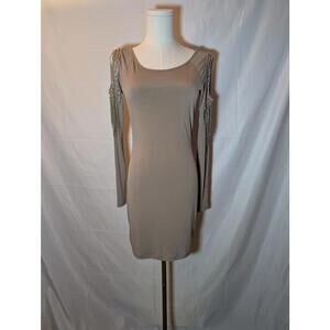 Forever 21 Women's Medium Beige Cold Shoulder Dress with Studded Fringe Sleeves